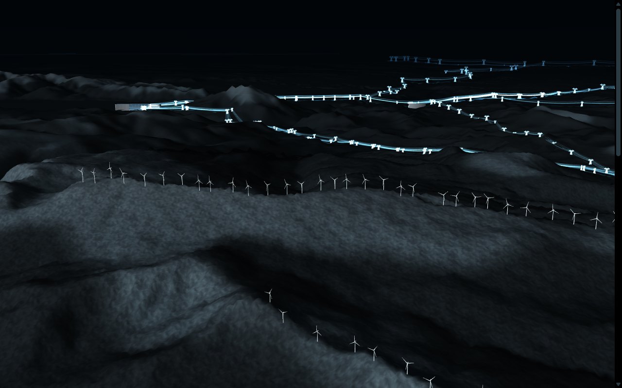 Wind turbines along Dokie Ridge at night, their red lights on, and the high-voltage grid glowing toward the Peace River dams