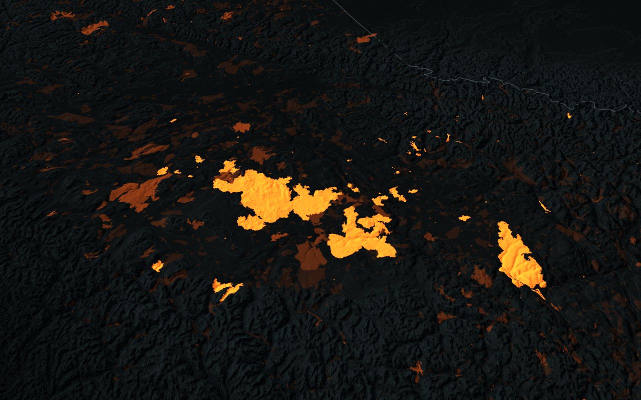 The 2017 fire season in British Columbia: every mapped fire perimeter of the year glowing on the relief, earlier scars in brown