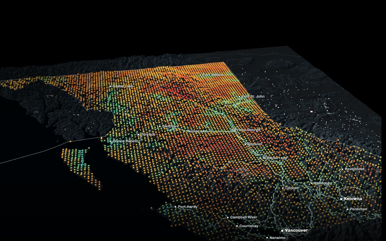 British Columbia in relief with town names, read through the Land Lens