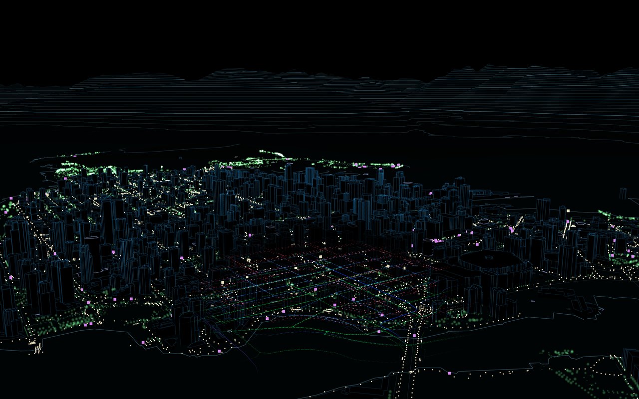 Downtown Vancouver at night from English Bay: towers at their 2025 lidar heights, street lights and trees, and the lens cutting through to the networks under the street